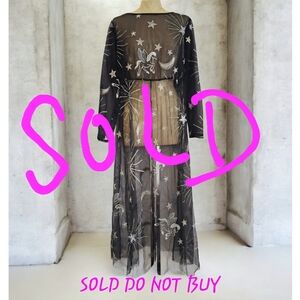 Bloomchic Celestial Black Sheer Mesh Midi Dress Whimsigoth Boho Festival US 12